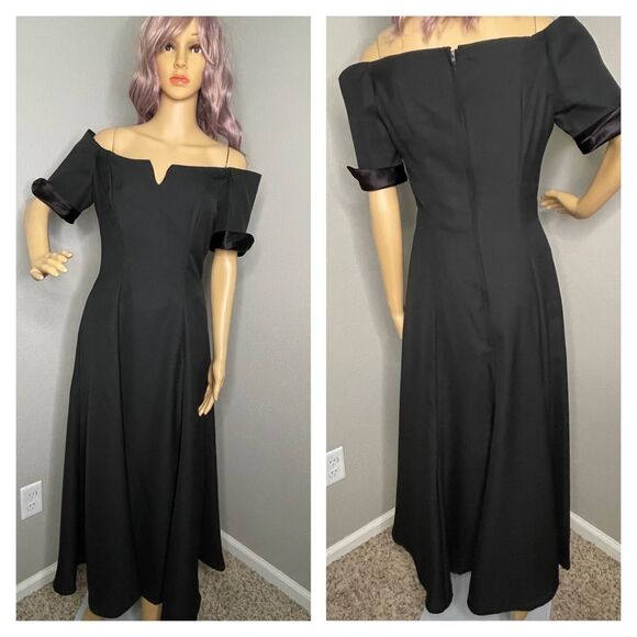 ILGWU Vintage Maxi Off Shoulder Short Sleeve Formal Dress Black Size 8 - Picture 1 of 16